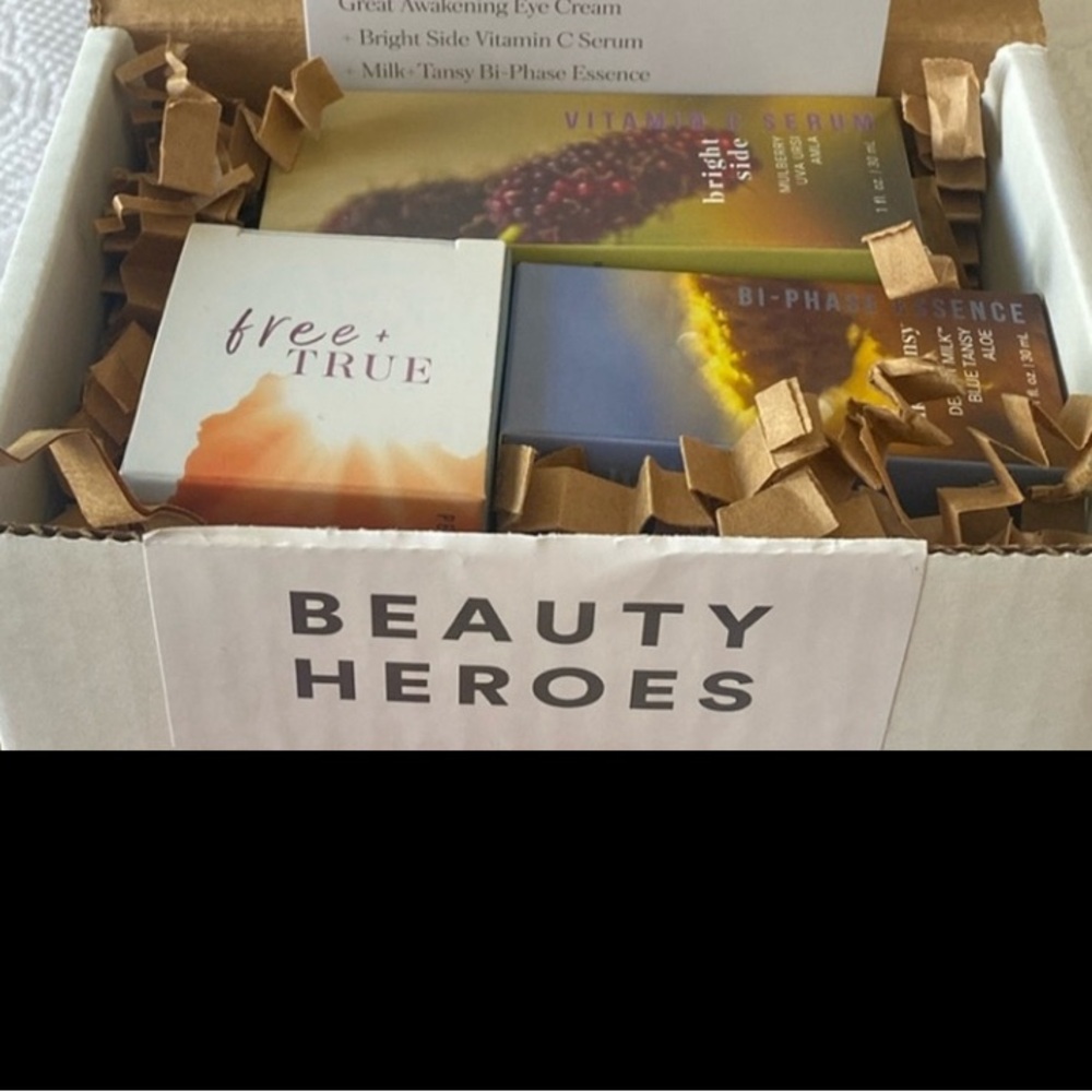 Free + True eye cream, Vitc serum, and tansy essence in Beautyheros May2025 box.